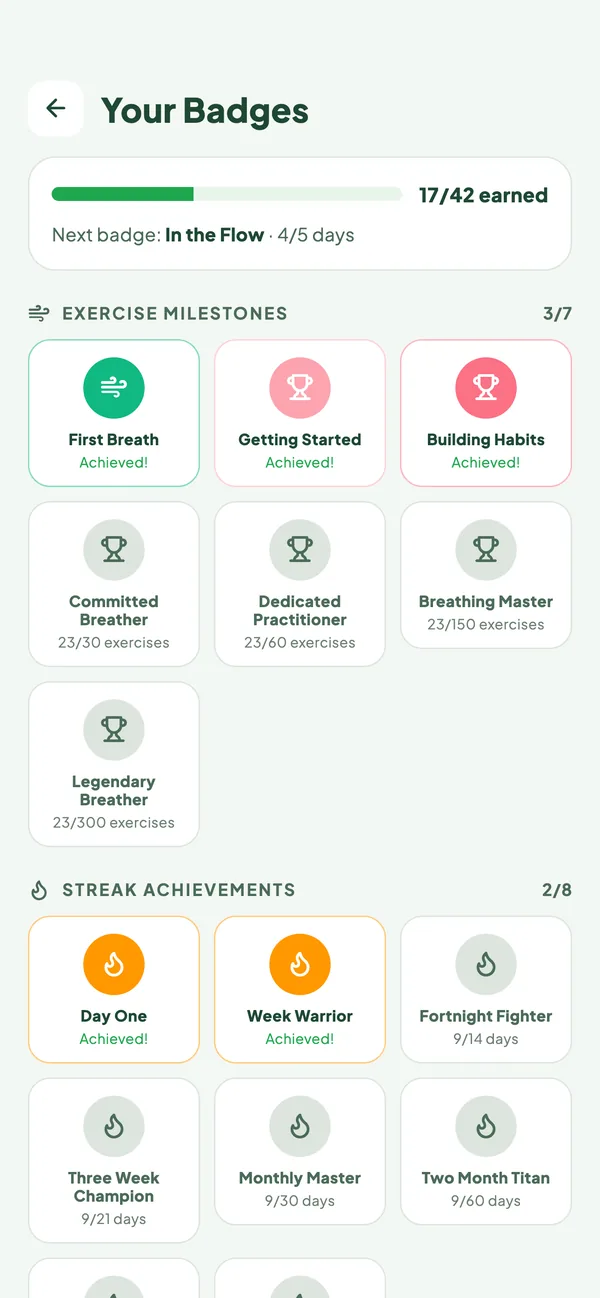 BreathLife - breathing badges and rewards page