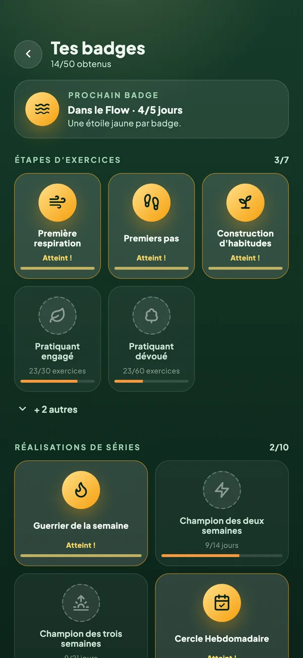 BreathLife - page des badges et récompenses de respiration