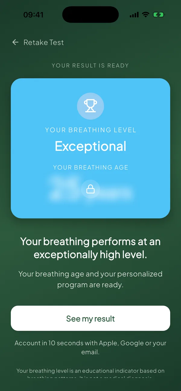 BreathLife breathing age test result