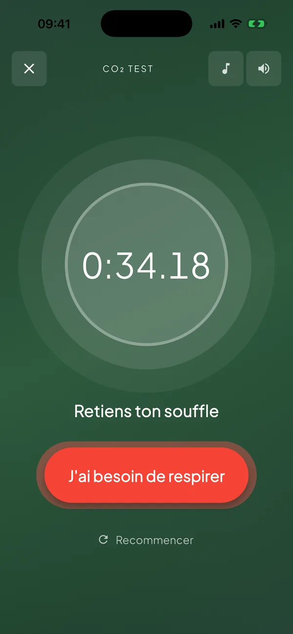 Test de tolérance au CO₂ guidé dans l'application BreathLife