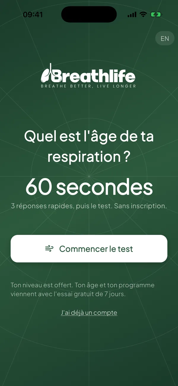 Écran d'accueil de l'application de respiration BreathLife